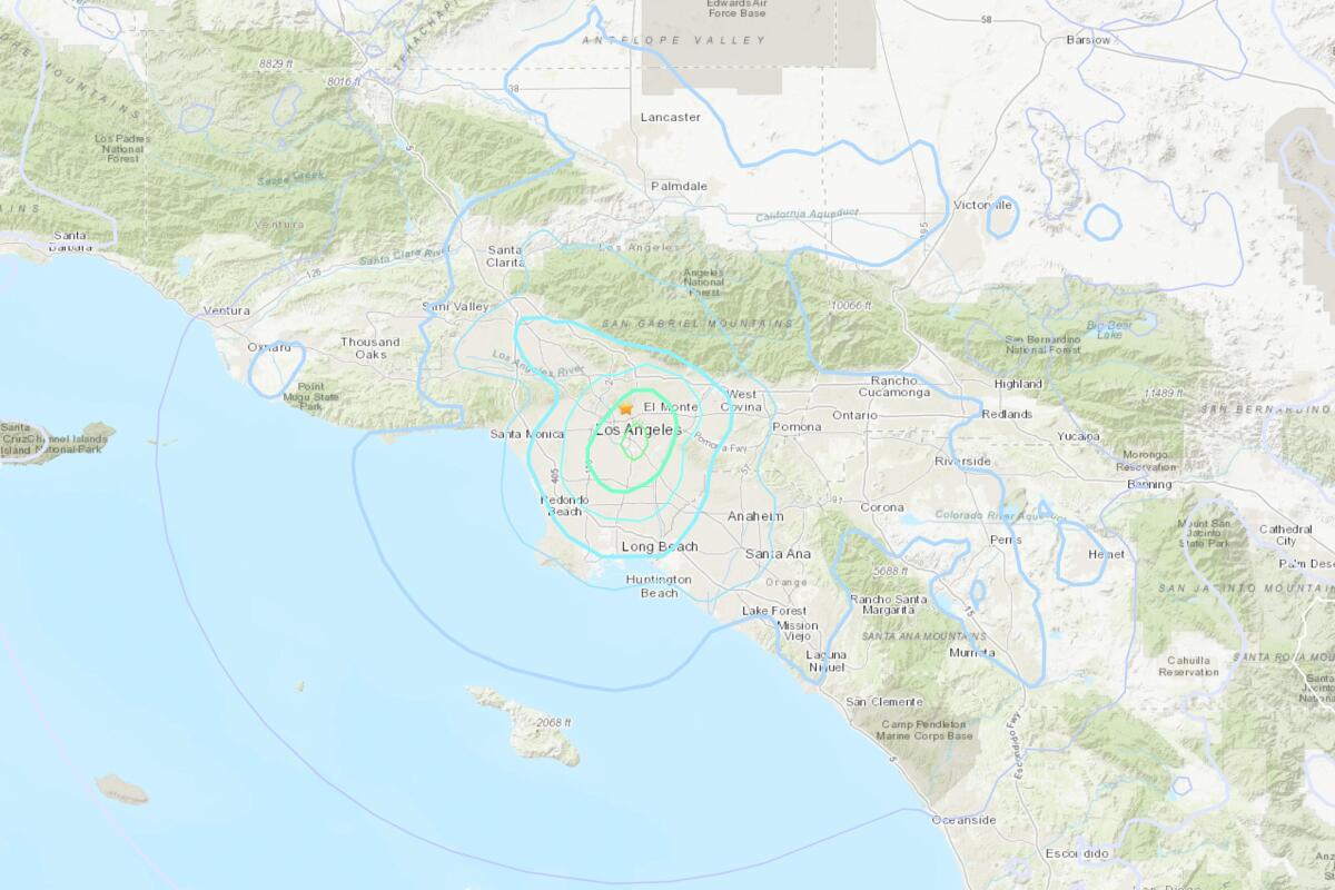 A map of Southern California showing an earthquake radius