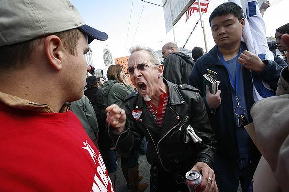 Paul Gross yells at a Proposition 8 supporter following the California Supreme Court hearing on same-sex marriages in San Francisco.