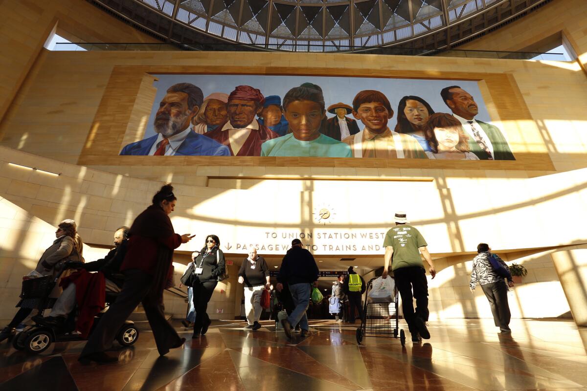 At L.A.'s Union Station, diverse cultures intersect. Immigrants make up 35% of L.A. County’s population.