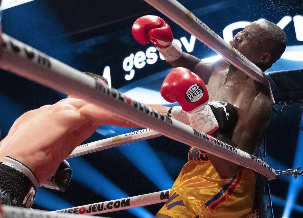 Oleksandr Gvozdyk, of Ukraine, lands a knockout punch to Adonis Stevenson, of Canada, to win the WBC light heavyweight championship boxing bout Saturday, Dec. 1, 2018, in Quebec City.