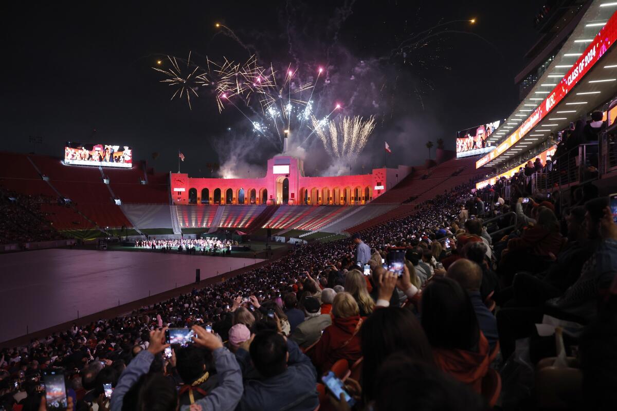 Fireworks go off at the "Trojan Family Graduate Celebration," at The Coliseum on May 9, 2024.