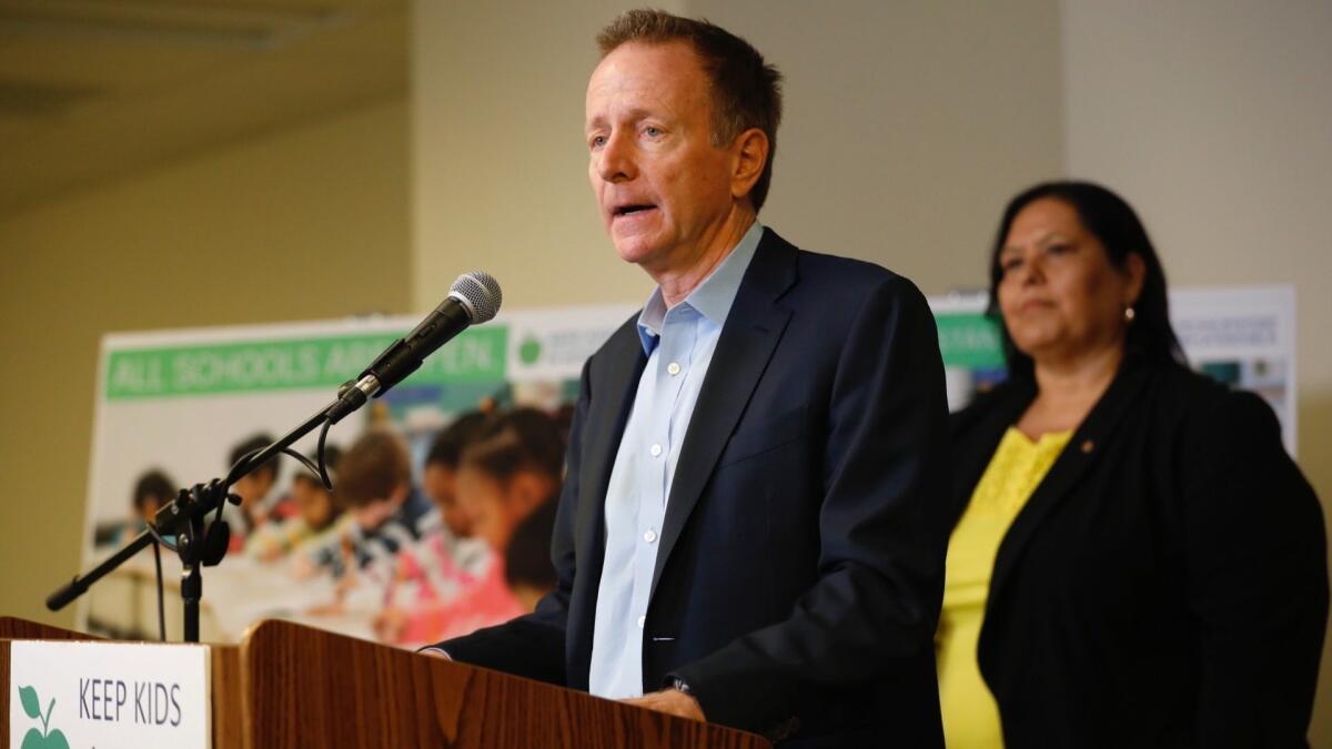 L.A. Unified Supt. Austin Beutner provides an update on the teachers' strike at district headquarters Monday.