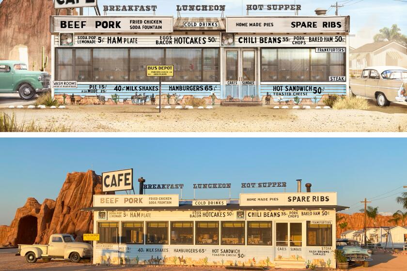 Top: A drawing shows how the luncheonette was intended to look. Bottom: A set photo shows how very close the filmmakers got.