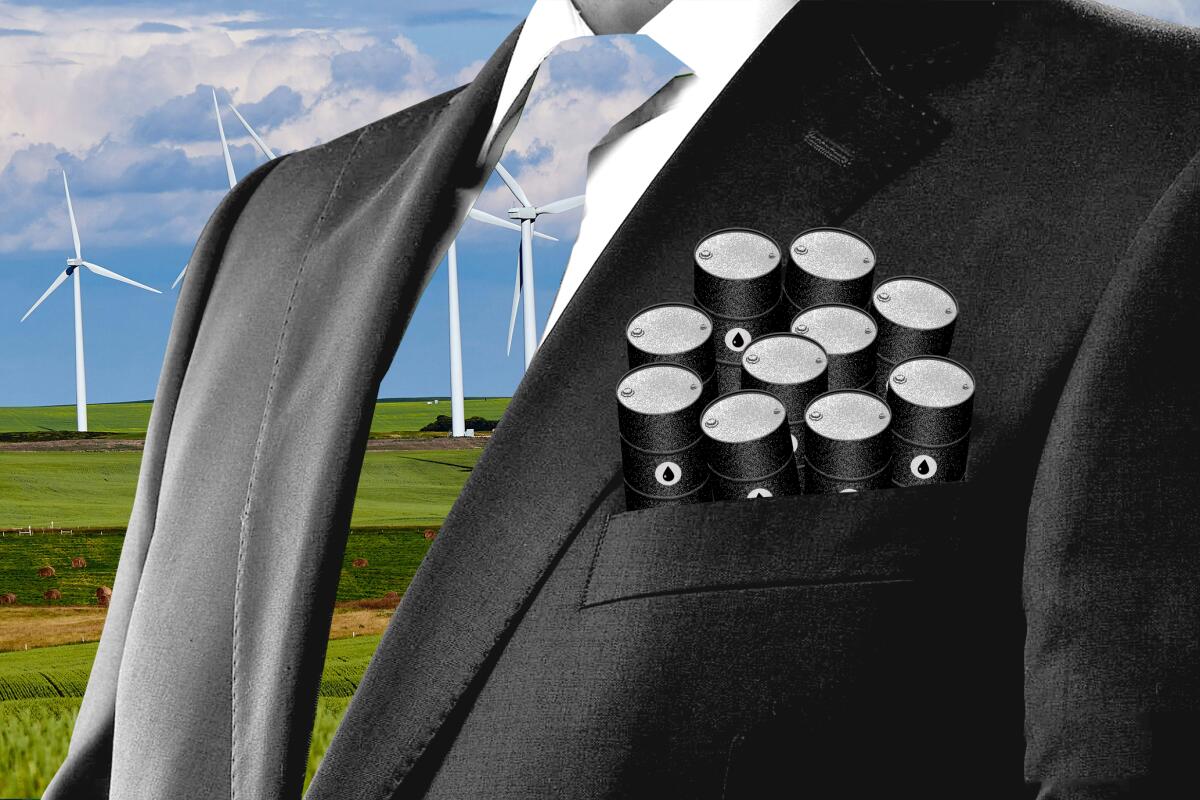 A photo illustration of a figure in a suit with windmills in the background and oil barrels in the pocket.