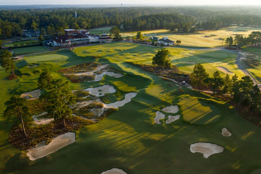 Aerial image of The Cradle, Pinehurst's short course, and Thistle Dhu, Pinehurst's putting course.