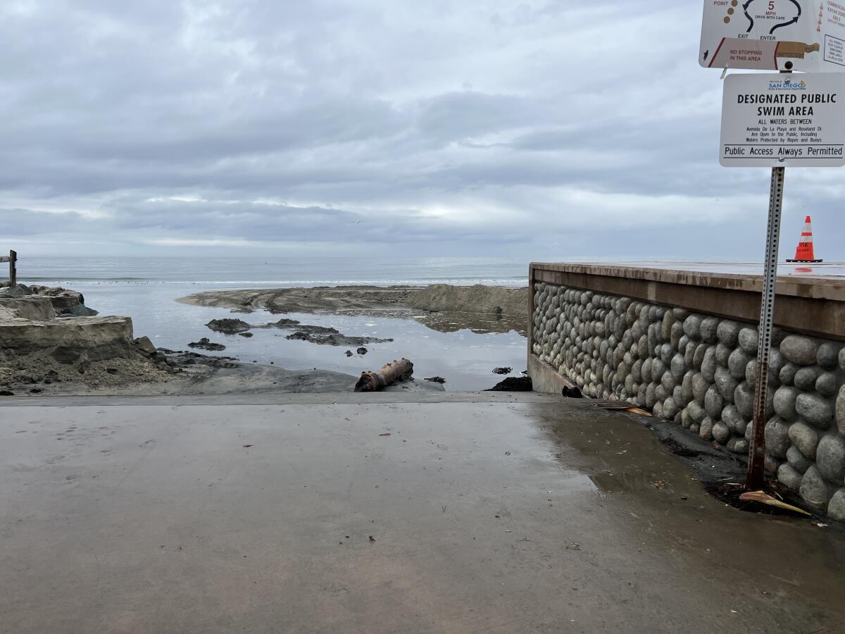 Much of the sand at the La Jolla Shores boat launch washed to sea during the storm.
