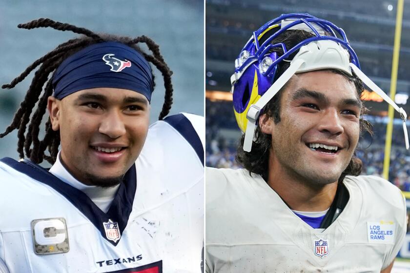 Texans quarterback C.J. Stroud, left, and Rams receiver Puka Nacua are both smiling.