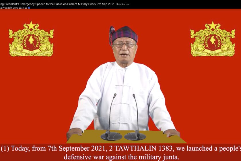 This image made from video by National Unity Government (NUG) via Facebook, shows Duwa Lashi La, the acting president of the National Unity Government (NUG), posted on Tuesday, Sept. 7, 2021 in Myanmar. Myanmar’s NUG, an underground body coordinating resistance to the military regime, on Tuesday called for a nationwide uprising. The shadow government's acting president Duwa Lashi La called for revolt “in every village, town and city in the entire country at the same time” against the military-installed government and declared a so-called ”state of emergency." (National Unity Government via Facebook via AP)
