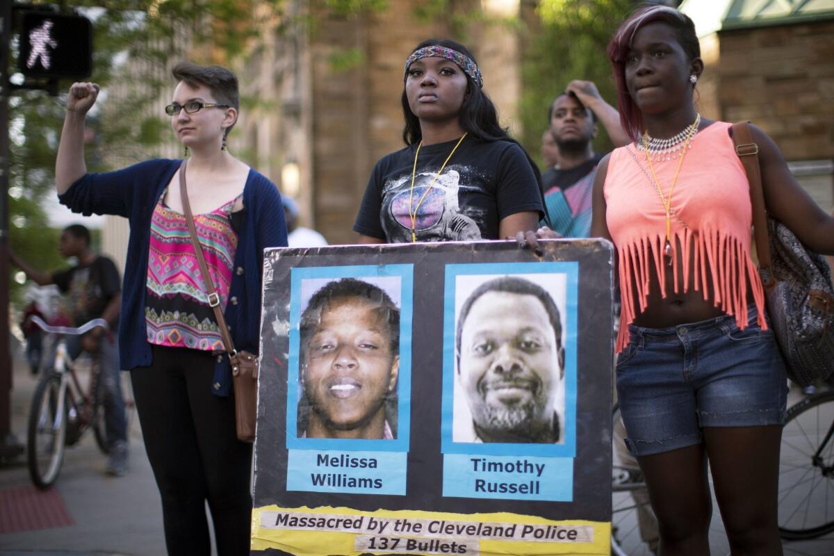 In May 2015, demonstrators protest the acquittal of Michael Brelo, a Cleveland police officer charged in the shooting deaths of two unarmed suspects. Brelo and five other officers involved in the shooting were fired on Tuesday.