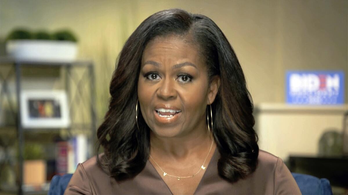 Former First Lady Michelle Obama speaks via video at the Democratic National Convention