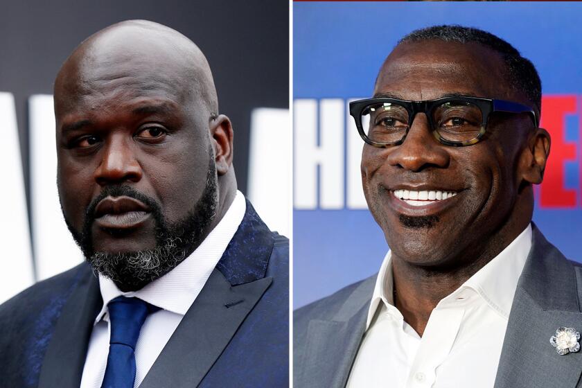LEFT: Former US basketball player Shaquille O'Neal poses for photographers upon his arrival for the 2019 NBA Awards at Barker Hangar in Santa Monica, California, USA, 24 June 2019. RIGHT: Former NFL football player and current sports analyst Shannon Sharpe poses at a special screening of the Netflix documentary film "The Redeem Team," Sept. 22, 2022, at Netflix Tudum Theater in Los Angeles.