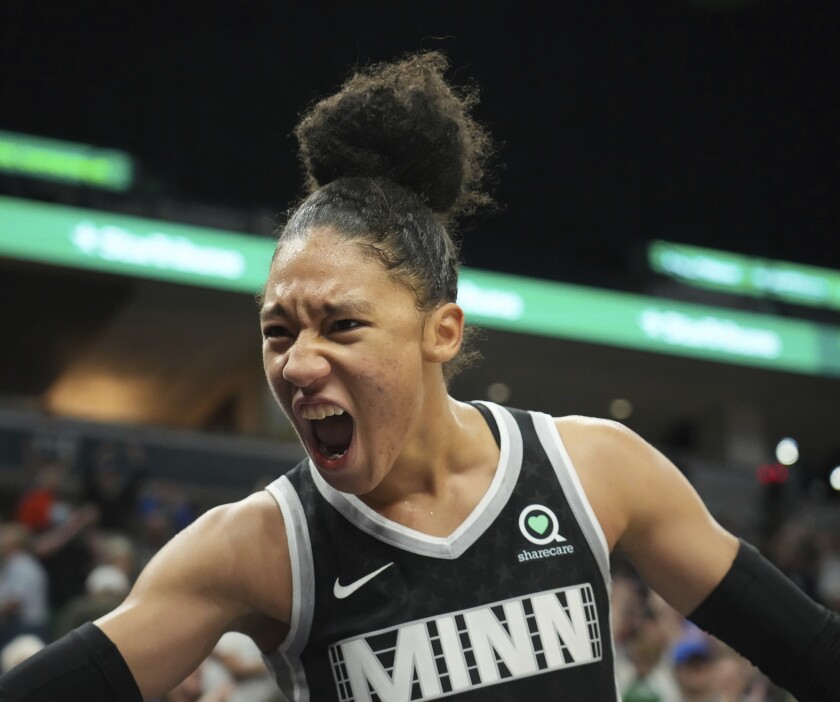 Minnesota Lynx forward Aerial Powers (3) reacts at the buzzer. after a WNBA basketball game against the Chicago Sky in Minneapolis, Wednesday, July 6, 2021. The Lynx won 81-78. (Shari L. Gross/Star Tribune via AP)