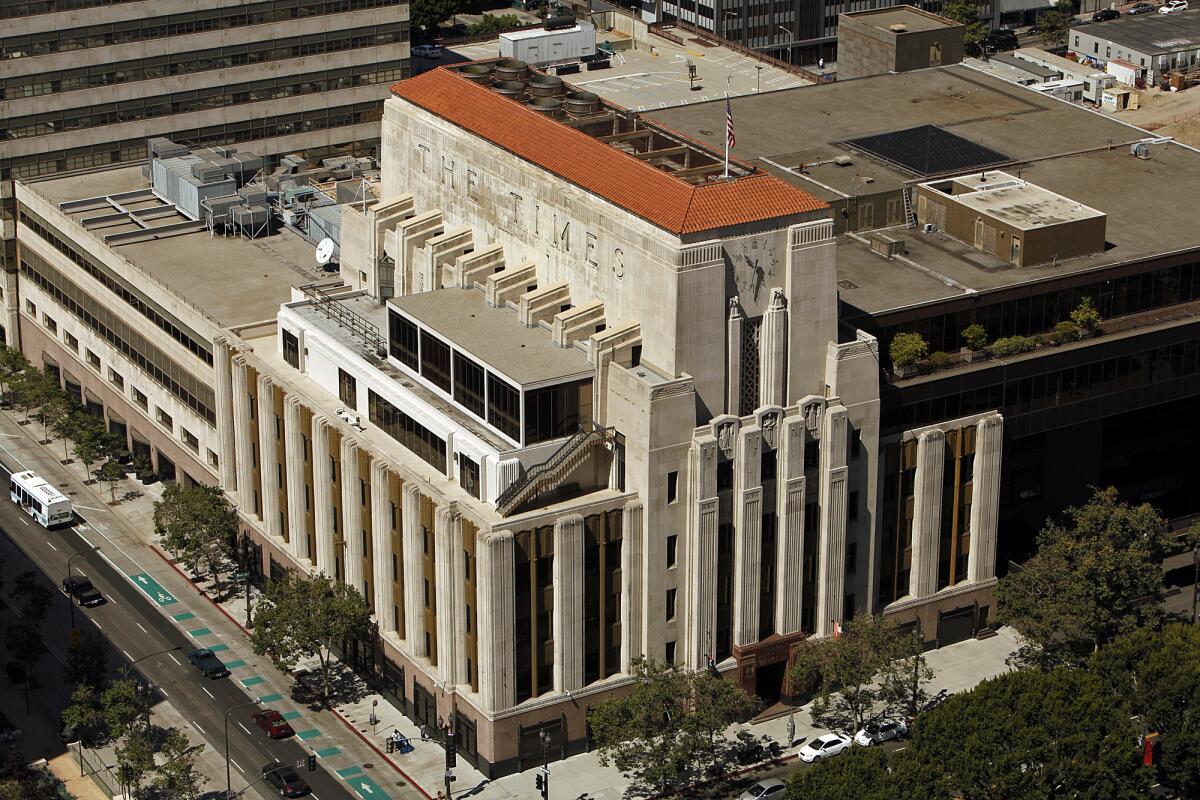 The Los Angeles Times Building, also known as Times Mirror Square, at 1st and Spring streets in downtown Los Angeles.