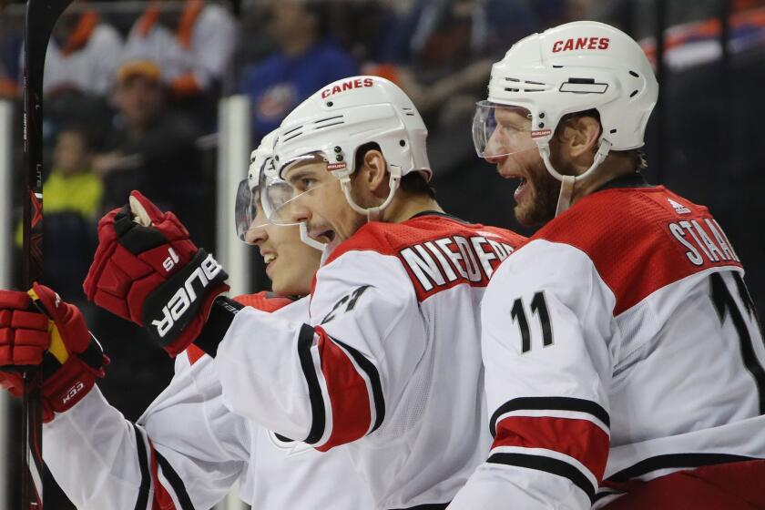 NEW YORK, NEW YORK - APRIL 28: Nino Niederreiter #21 of the Carolina Hurricanes (c) celebrates his goal at 1:05 of the third period against the New York Islanders in Game Two of the Eastern Conference Second Round during the 2019 NHL Stanley Cup Playoffs at the Barclays Center on April 28, 2019 in the Brooklyn borough of New York City. (Photo by Bruce Bennett/Getty Images) ** OUTS - ELSENT, FPG, CM - OUTS * NM, PH, VA if sourced by CT, LA or MoD **