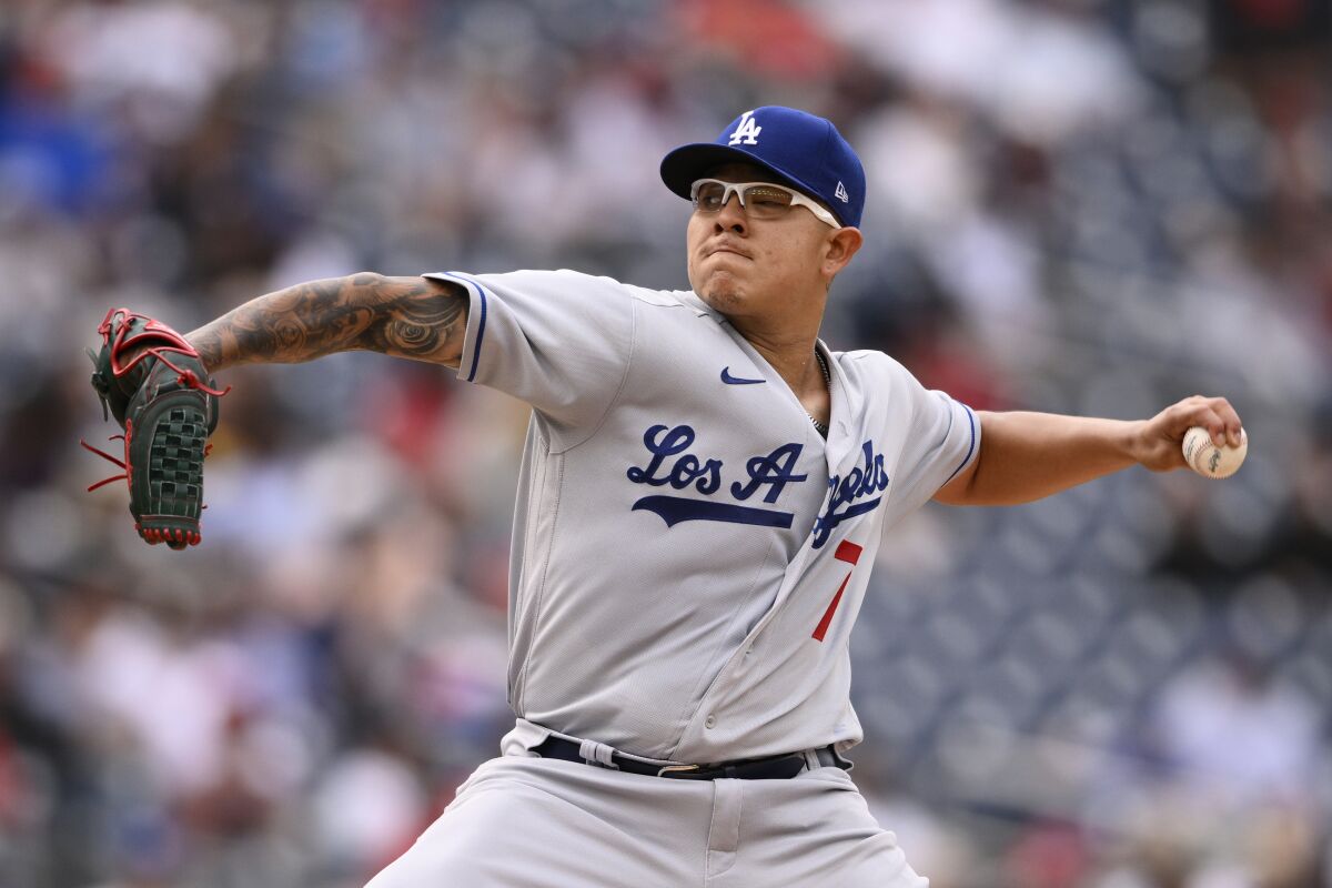 Dodgers pitcher Julio Urías throws during the second inning against the Washington Nationals.