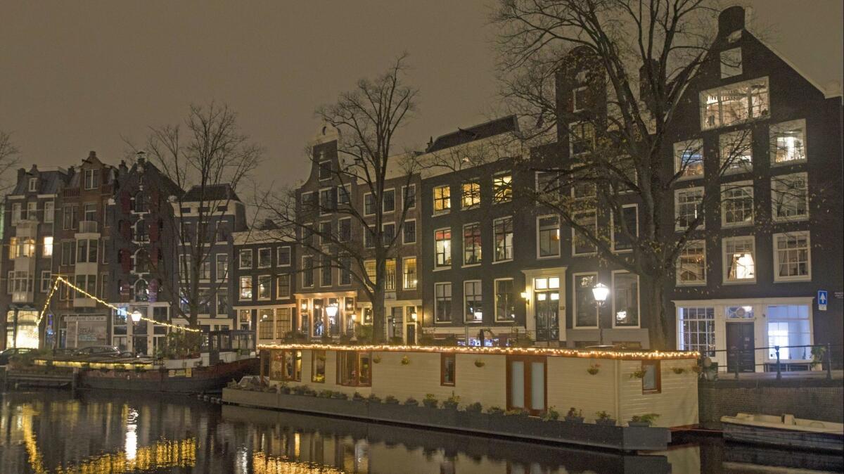 The Prinsengracht at night in Amsterdam.