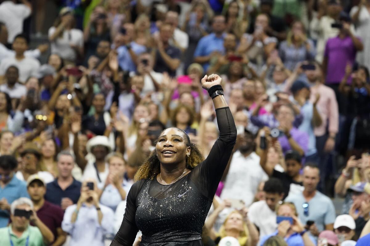 Serena Williams reacts after winning Monday.