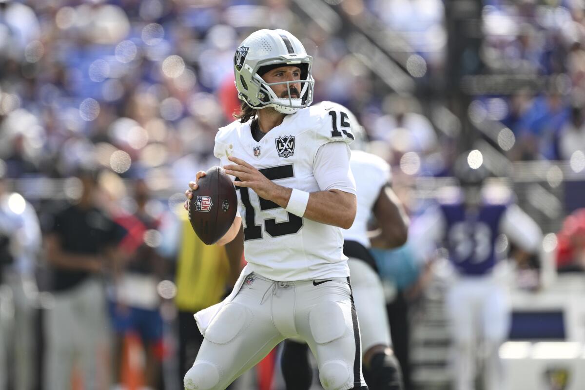  Raiders quarterback Gardner Minshew (15) looks to pass against the Ravens.