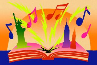 An illustration of of musical notes bursting open a pop up book that shows NYC's skyline.