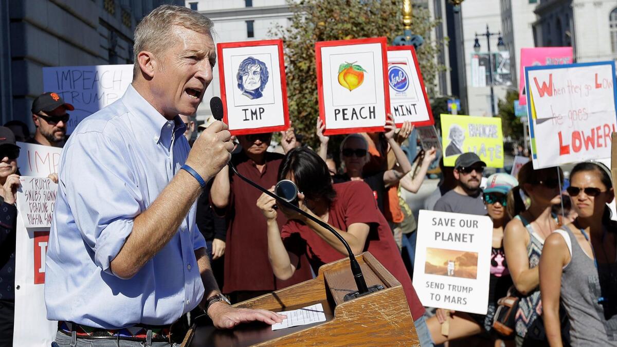 Tom Steyer speaks at a rally calling for the impeachment of President Trump in San Francisco on Oct. 24.