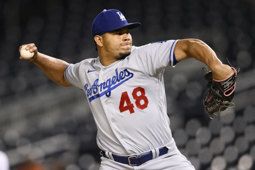 Los Angeles Dodgers relief pitcher Brusdar Graterol (48) in action during a baseball game.