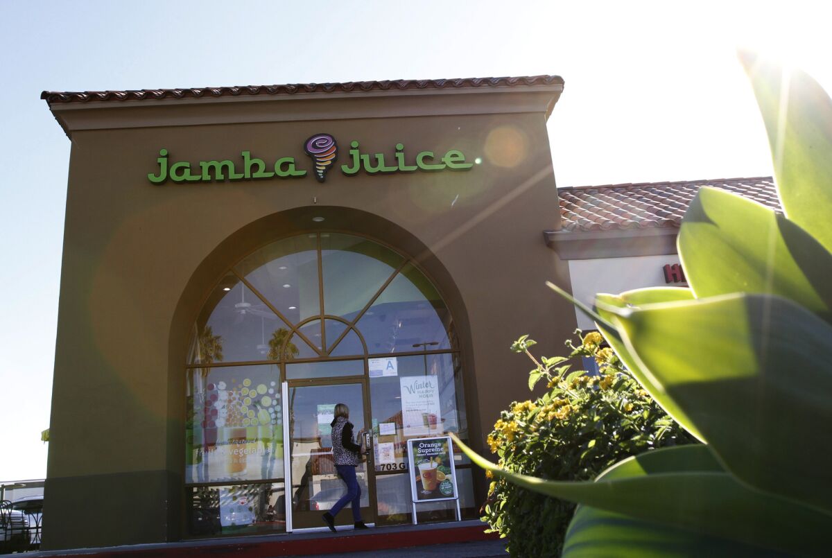 A Jamba Juice store in Hermosa Beach is shown. Jamba Juice says it will move its headquarters from Emeryville, Calif., to Texas.