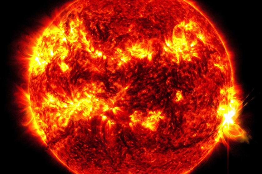 Esta imagen proporcionada por el Observatorio de Dinámica Solar de la NASA muestra una llamarada solar, el brillante destello de la derecha, el martes 14 de mayo de 2024. (NASA/SDO vía AP)