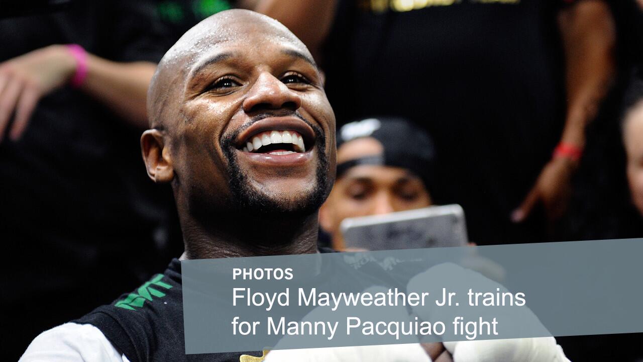 Floyd Mayweather Jr. works out during media day at his camp in Las Vegas on April 14.