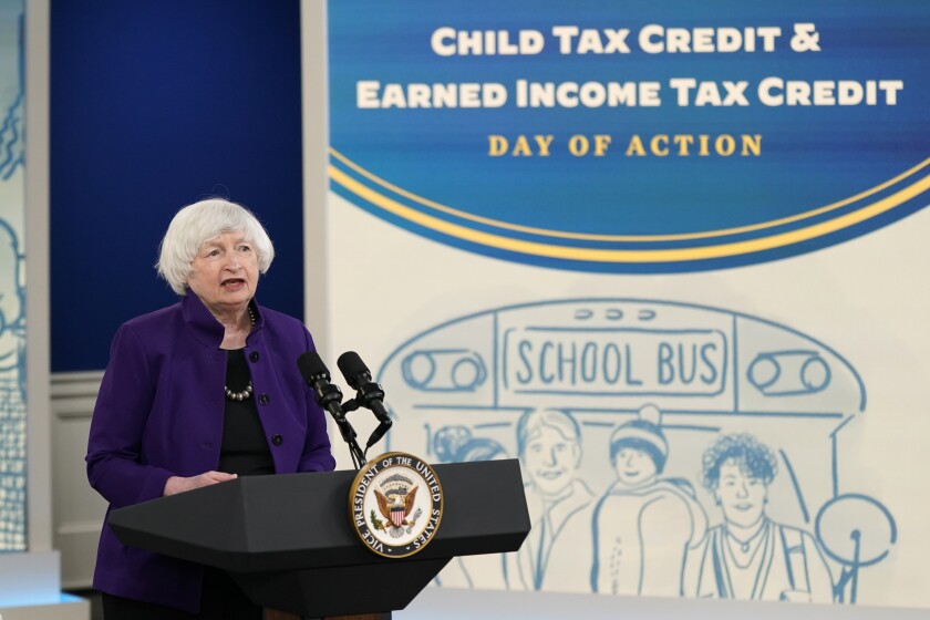 Treasury Secretary Janet Yellen encourages Americans to take advantage of tax credits, including the expanded Child Tax Credit and Earned Income Tax Credit, in the South Court Auditorium on the White House campus, Tuesday, Feb. 8, 2022, in Washington. (AP Photo/Patrick Semansky)
