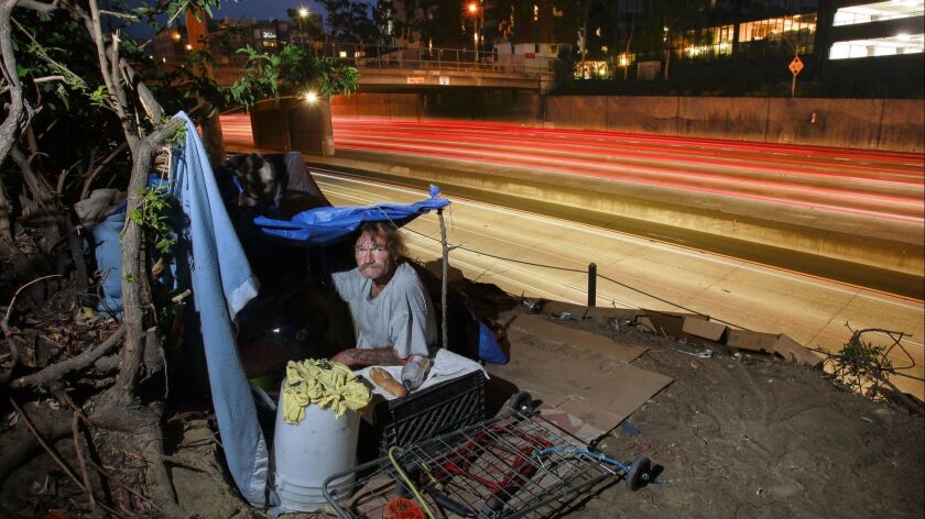 Elizah, 62, an Army veteran and former truck driver, who didn't want to give his last name, sits in his makeshift tent made of tarps next to the I-5 freeway in downtown San Diego.
