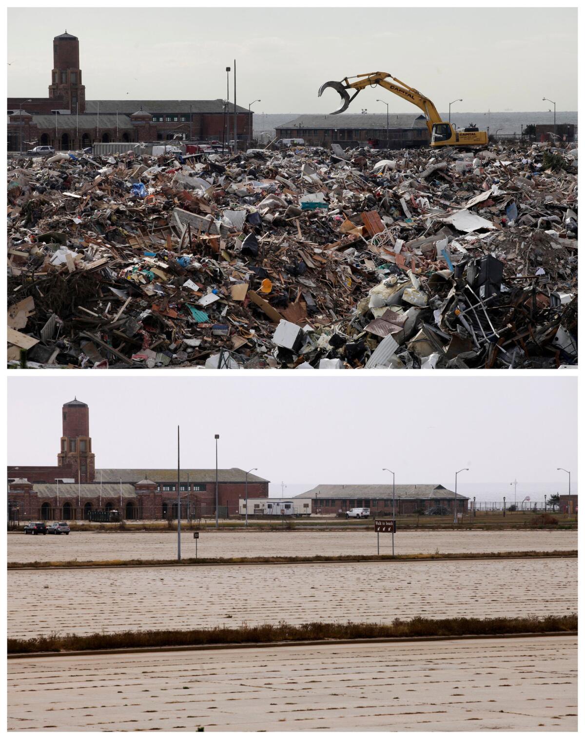 This combination of Nov. 14, 2012 and Oct. 17, 2013 photos shows construction equipment working on debris collected during the cleanup from Superstorm Sandy in the parking lot of Jacob Riis Park in the Rockaway section of the Queens borough of New York and the empty lot almost a year later.