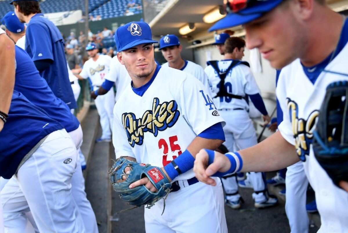 Dodger prospect Omar Estevez prepares to take the field for the Rancho Cucamonga Quakes in a recent game.