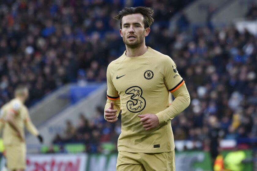 Chelsea's Ben Chilwell runs on the pitch during the English Premier League soccer match between Leicester City and Chelsea at King Power stadium in Leicester, England, Saturday, March 11, 2023. (AP Photo/Rui Vieira)