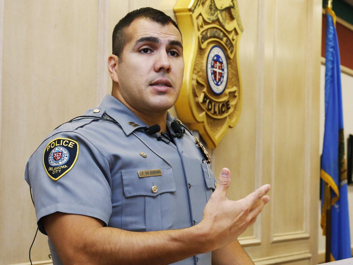 Oklahoma City police Capt. Paco Balderrama speaks at a news conference in Oklahoma City, Monday, Aug. 24, 2015.