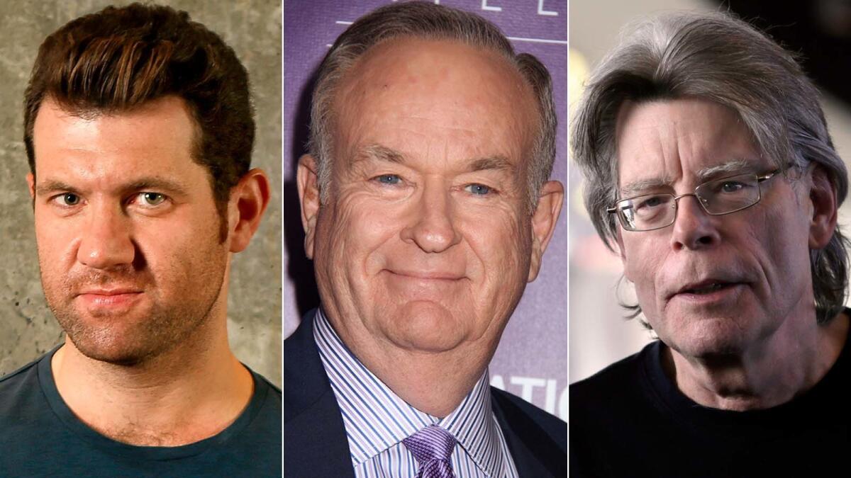 Billy Eichner, left, Bill O'Reilly and Stephen King.