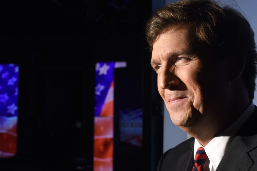 MANHATTAN, NEW YORK, OCTOBER 1, 2018 Tucker Carlson is seen in the studio on the set of his show on FOX News in Manhattan, NY. After flicking out at CNN and MSNBC, Carlson now has the most successful show on Fox News. He also has a new book that serves as a viewer guide to his show, Ship of Fools that comes out this week. 10/1/2018 Photo by Jennifer S. Altman/For The Times