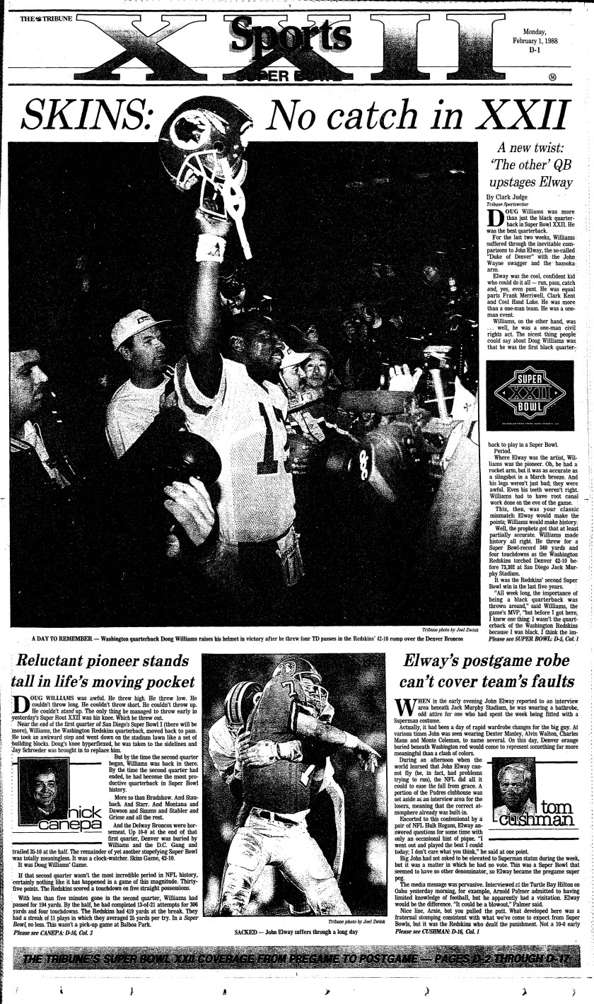 Tribune sports page on Super Bowl XXII  published Feb. 1, 1988