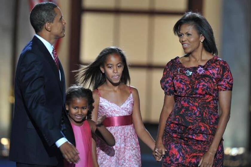 NOMINATION NIGHT: Michelle Obama opted for a fierce and sophisticated print dress by Thakoon at the end of the 2008 Democratic convention in Denver.