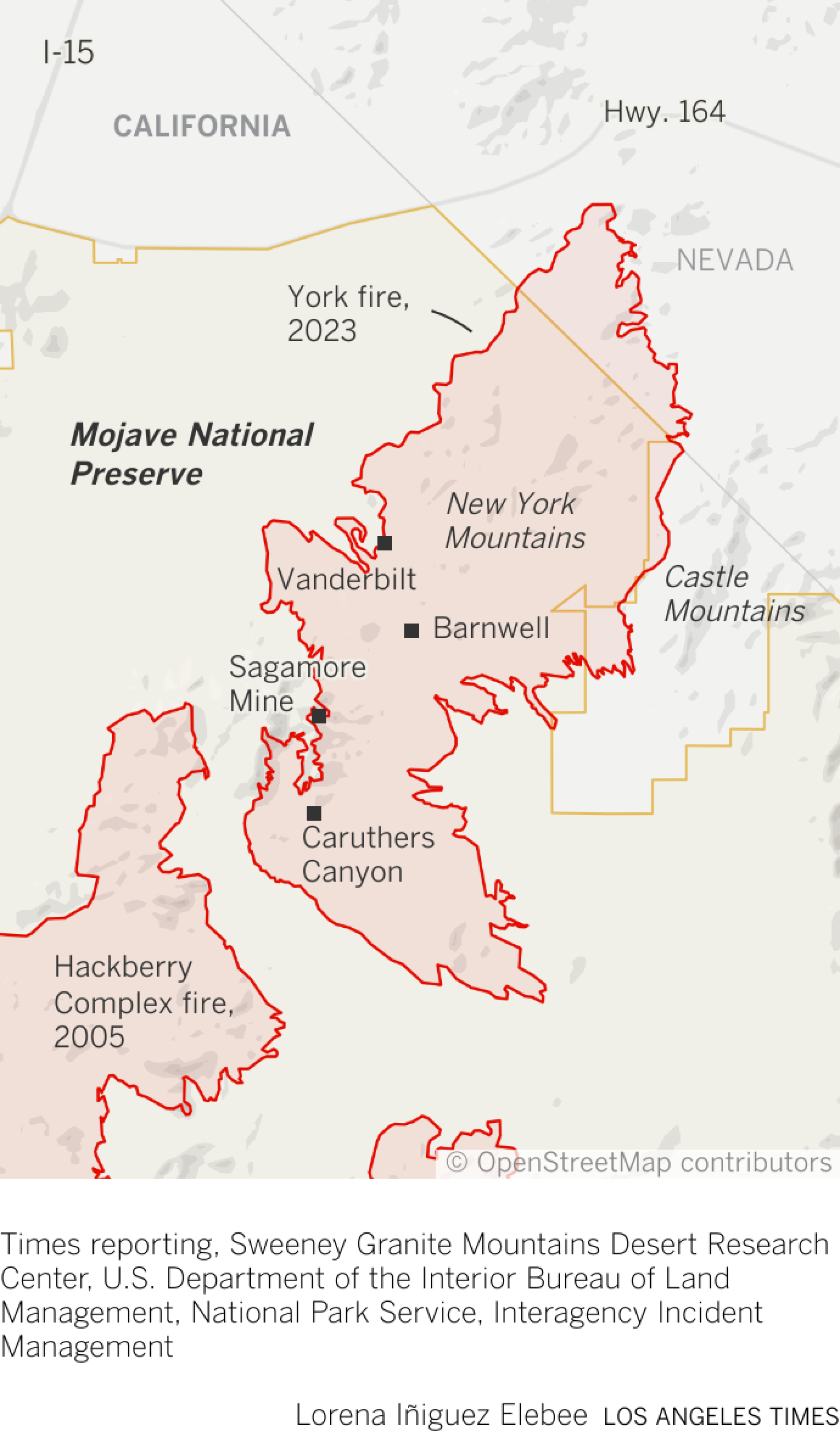Map showing the 2023 York fire burn area within the Mojave National Preserve.
