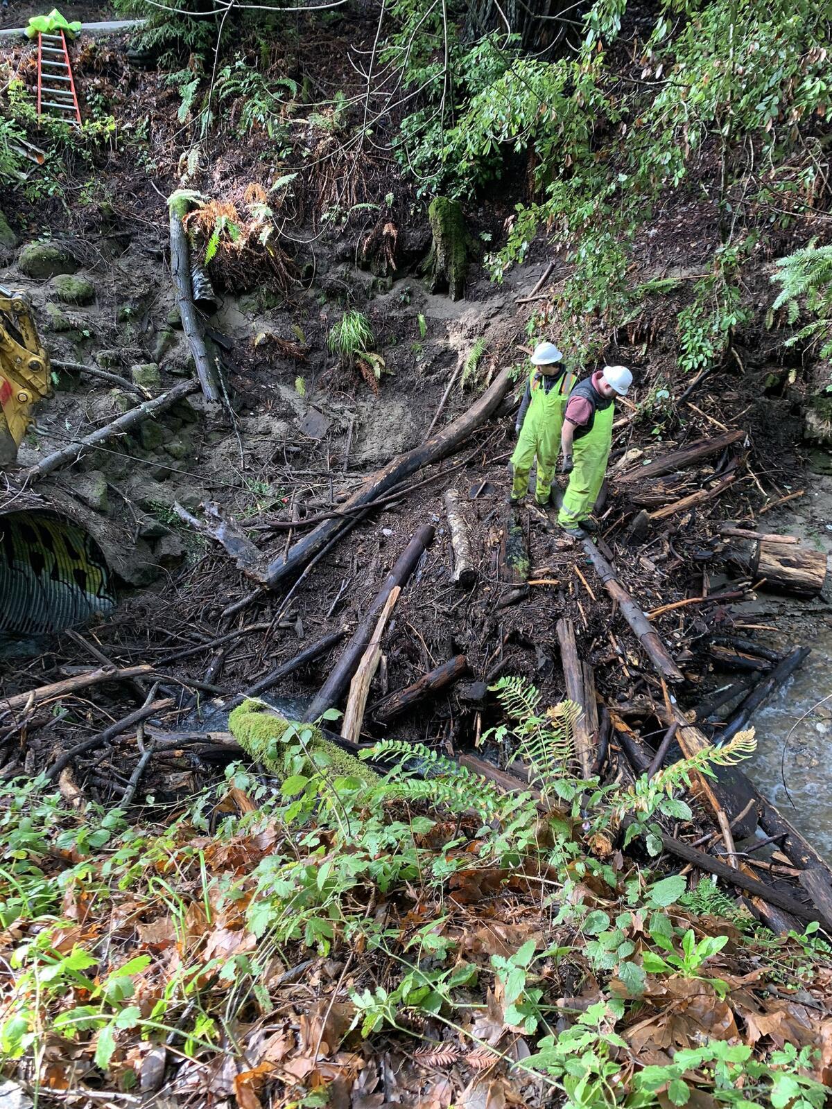 Jacob Smrt and Thomas Dunham survey debris clogging a culvert along Lompico Road in the Santa Cruz Mountains