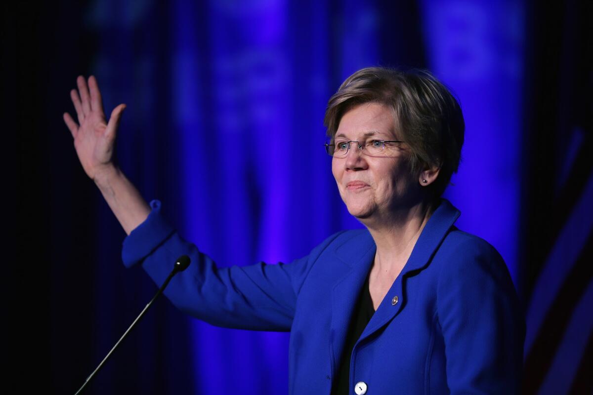 WASHINGTON, DC - APRIL 13, 2015: Sen. Elizabeth Warren (D-MA) delivers remarks during the Good Jobs Green Jobs National Conference at the Washington Hilton April 13, 2015 in Washington, DC. Sponsored by a varied coalition including lightweight metals producer Alcoa, the United Steelworks union, the Sierra Club and various other labor, industry and telecommunications leaders, the conference promotes the use of efficient and renewable energy and cooperation in updating the country’s energy infrastructure. (Photo by Chip Somodevilla/Getty Images)