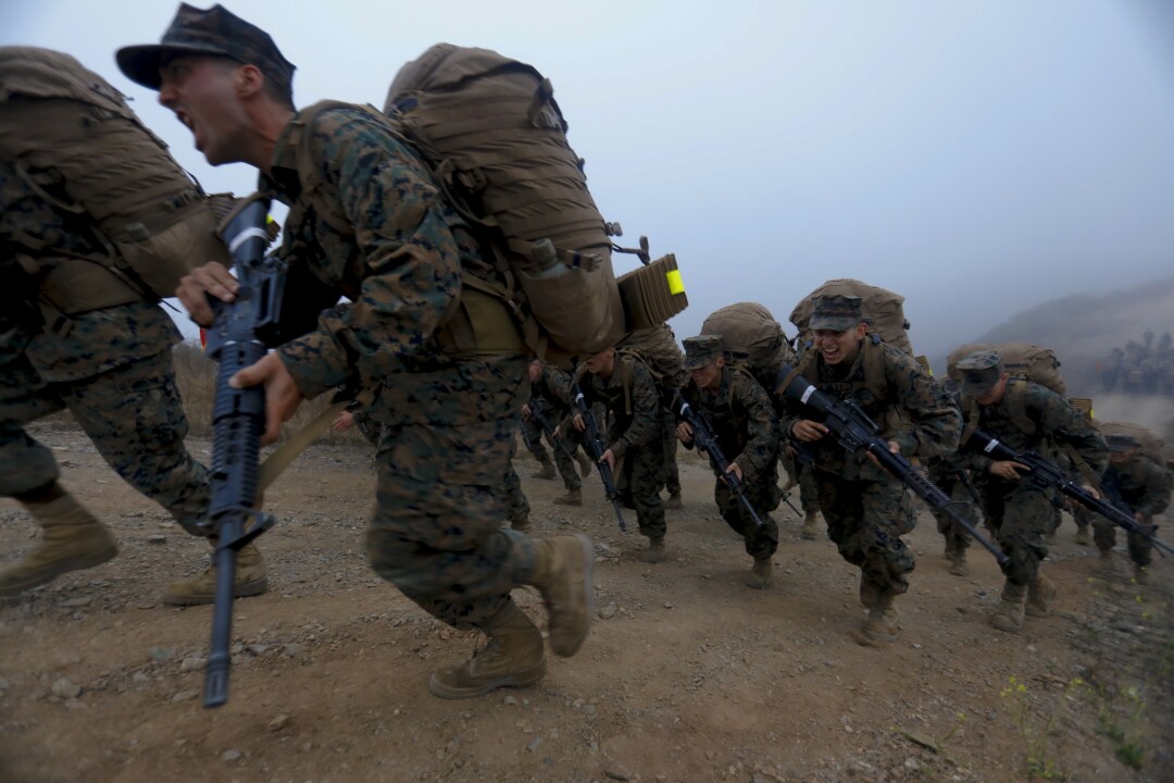 Marines from Bravo Company, MCRD complete the 3-day crucible event at Camp Pendleton