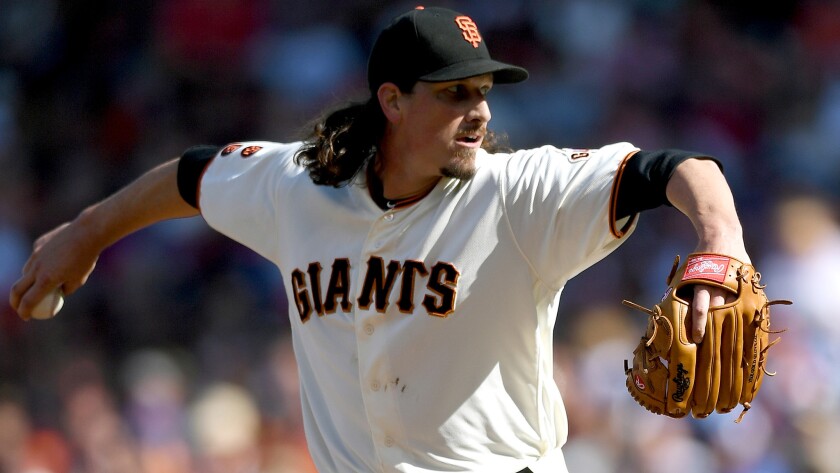 Giants starter Jeff Samardzija was chased by the Dodgers in the fifth inning Saturday, but he has a 7-4 record and a 3.33 earned-run average this season.