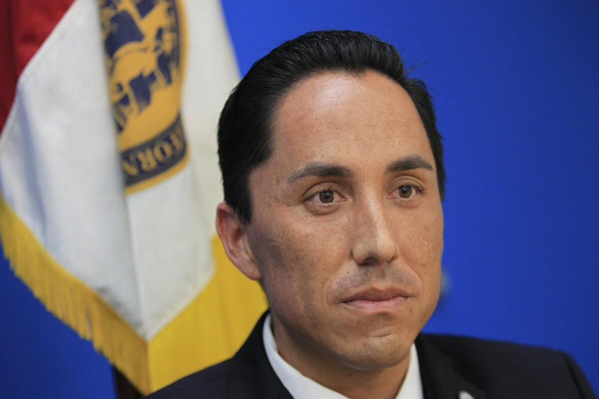 Councilman Todd Gloria is interviewed Friday afternoon before taking over as the interim mayor of San Diego. — Howard Lipin