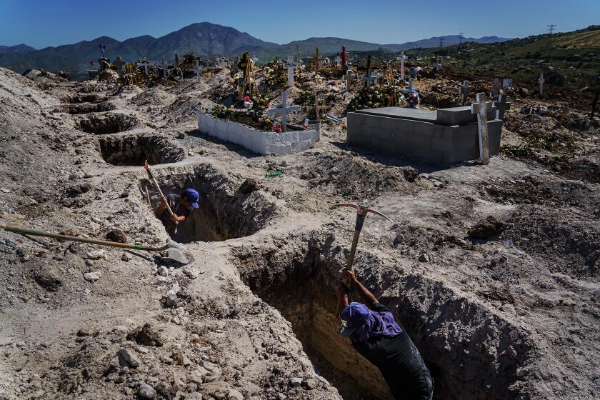TIJUANA, BAJA CALIFORNIA -- MONDAY, APRIL 27, 2020: Cemetery workers dig holes ahead of time for a new crop of graves at the municipal pantheon number 13 cemetery, in Tijuana, Mexico, on April 27, 2020. (Marcus Yam / Los Angeles Times)