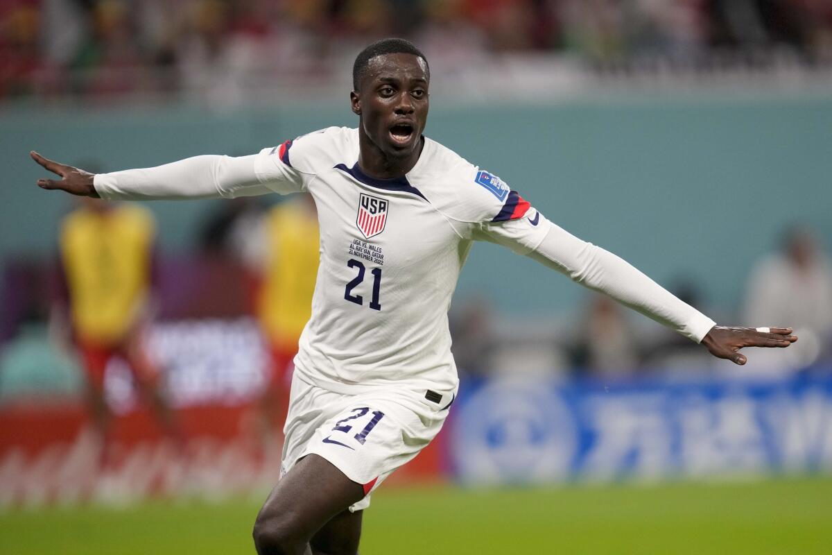 Tim Weah of the United States celebrates after scoring during the World Cup.