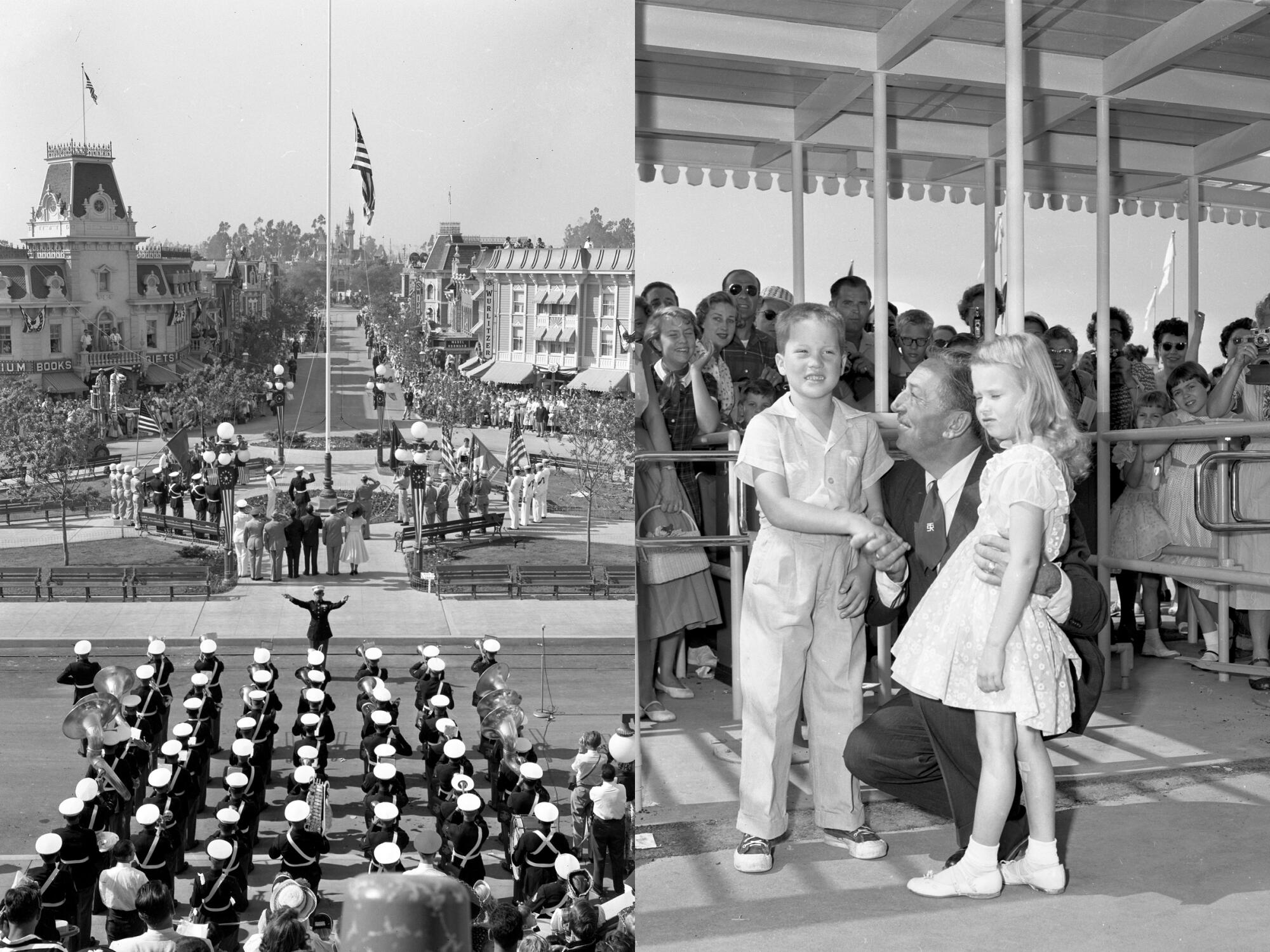 Two images: a band faces a flag pole and Walt Disney welcomes two kids to the park