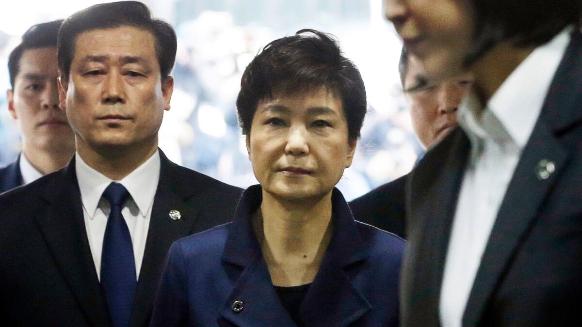 Ousted South Korean President Park Geun-hye arrives at the Seoul Central District Court in March 2017.