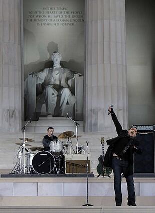 U2 performs at the We Are One concert at the Lincoln Memorial.