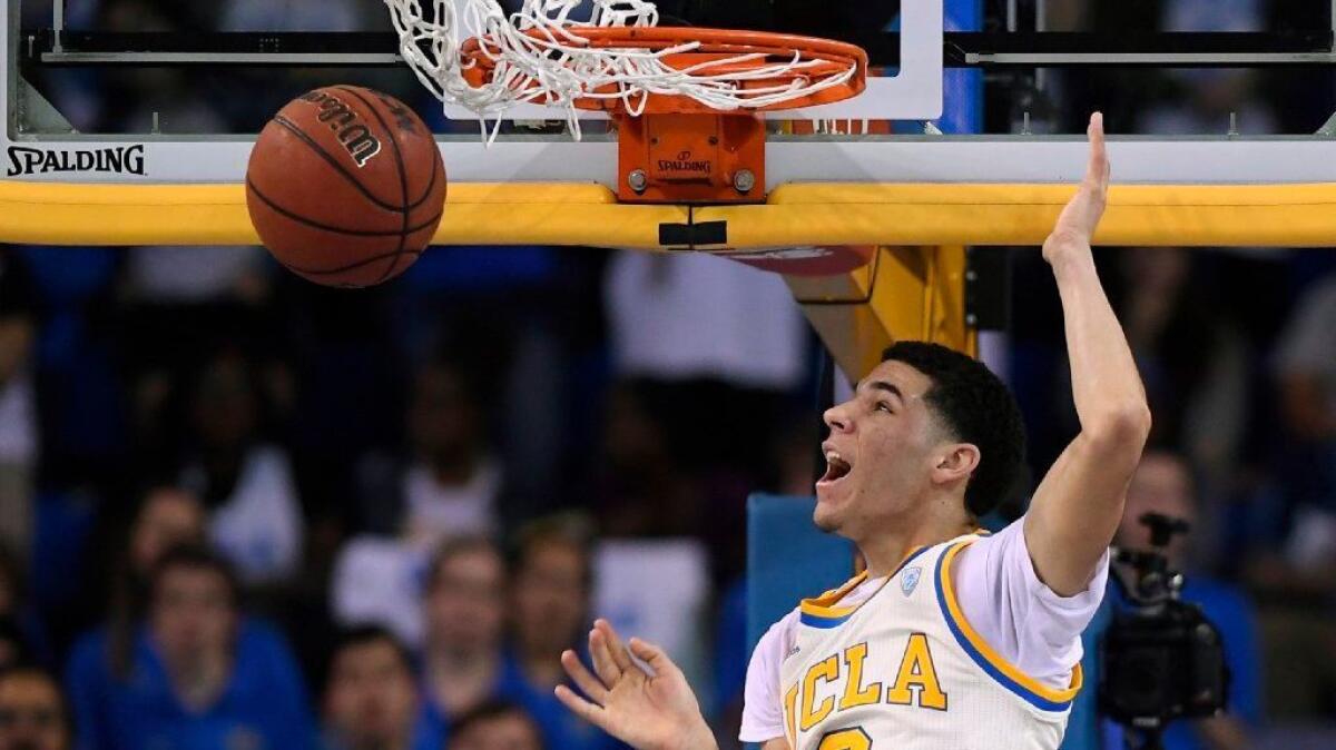 UCLA guard Lonzo Ball dunks during the first half of a Pac-12 tournament game against Washington State on Mar. 4.